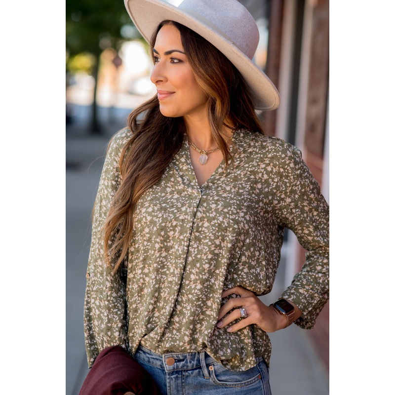 Vintage Floral V Blouse S Olive