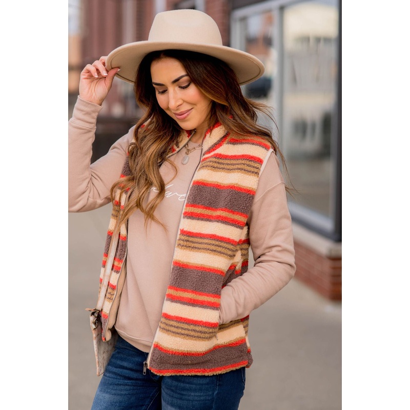 Western Striped Sherpa Vest Mocha S