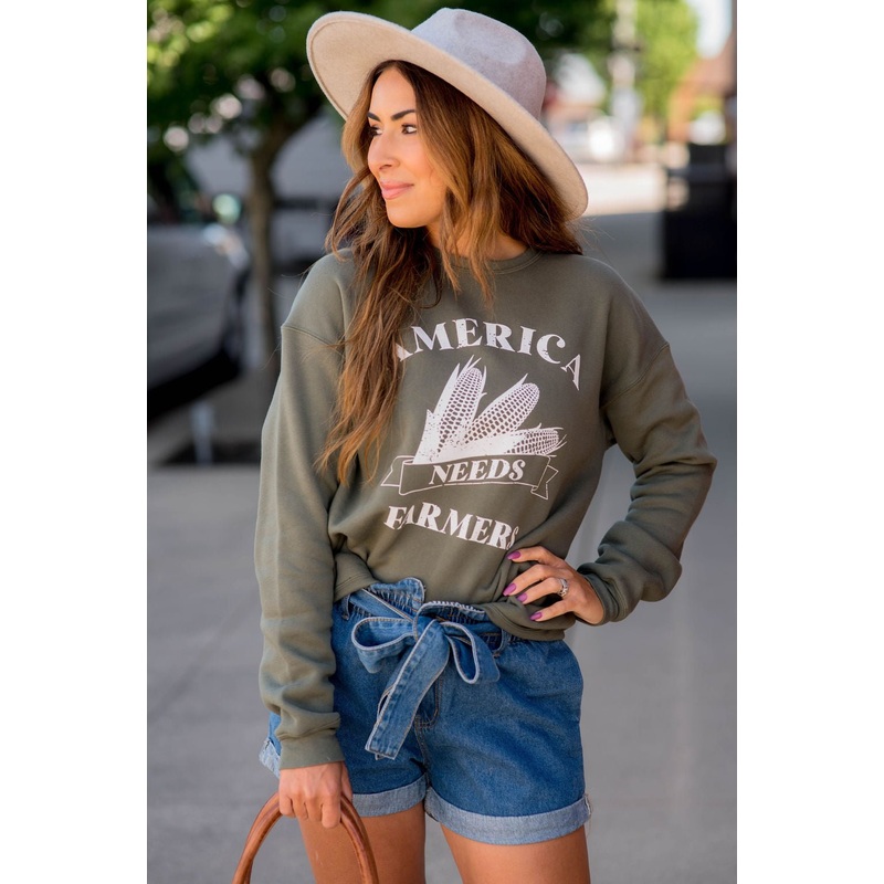 America Needs Farmers Graphic Crewneck Olive S