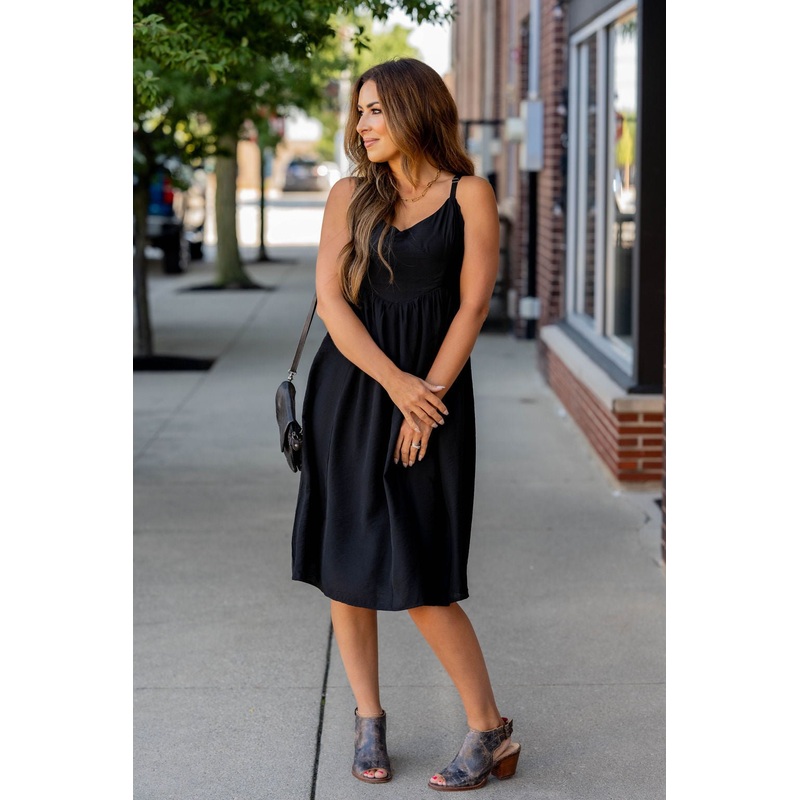 Thin Strapped V Midi Dress Black S