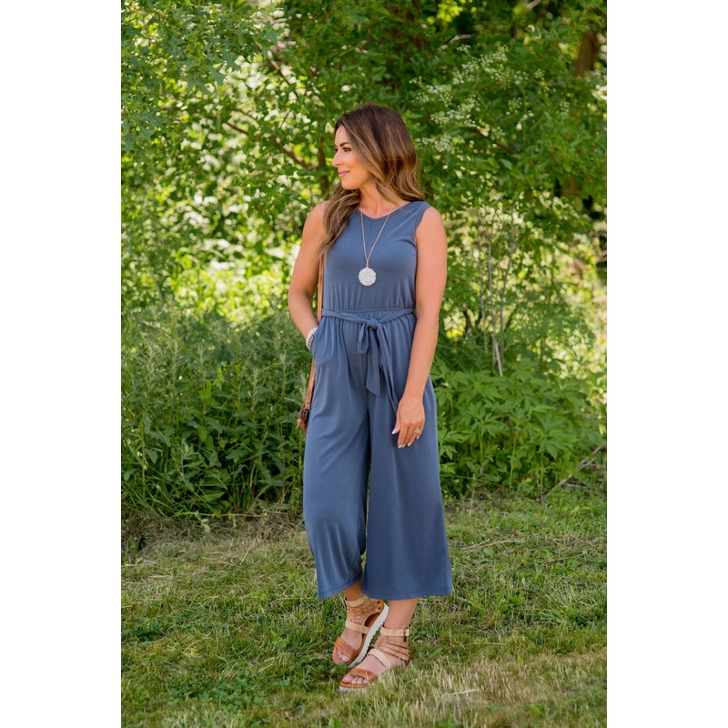 Tie Waist Cropped Jumpsuit Navy S