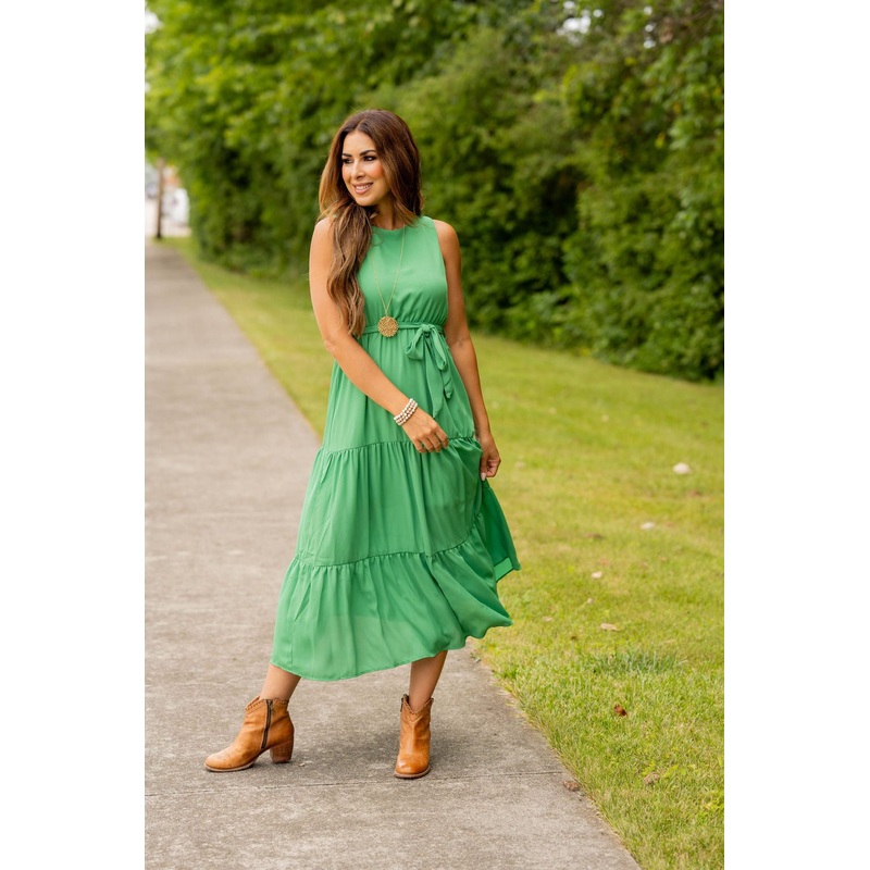 Triple Tiered Tie Waist Midi Dress Salmon S