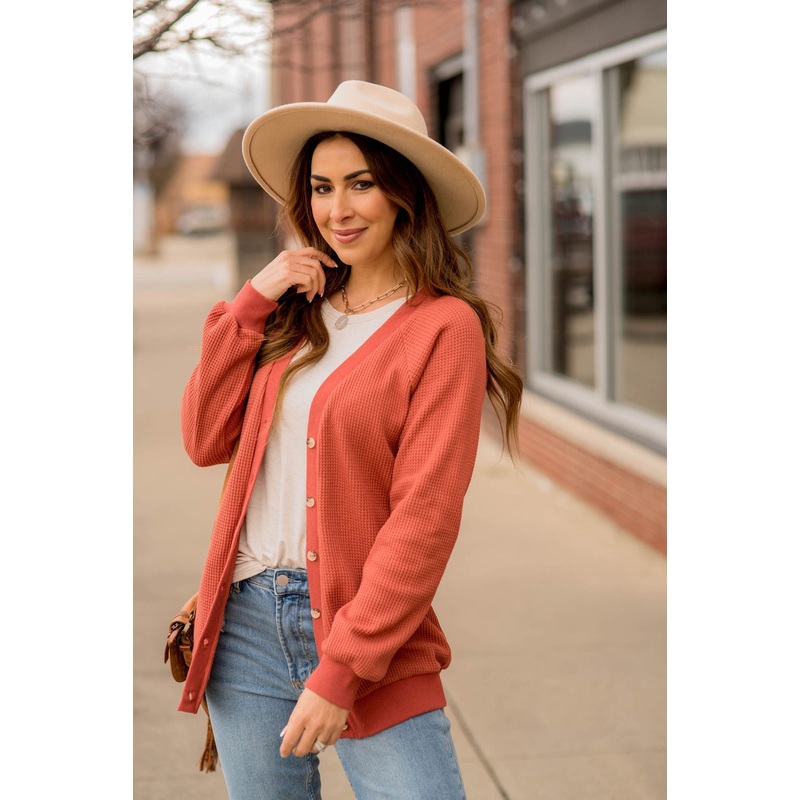 Waffle Button Accent Cardigan Grey S