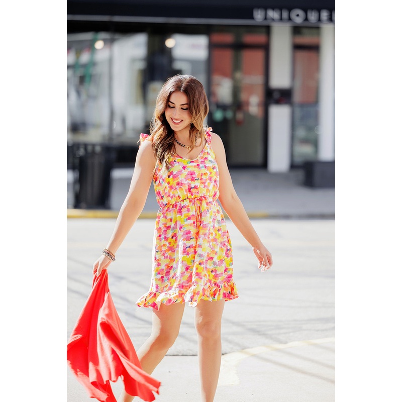 Watercolor Ruffle Accented Tank Dress Hot Pink S