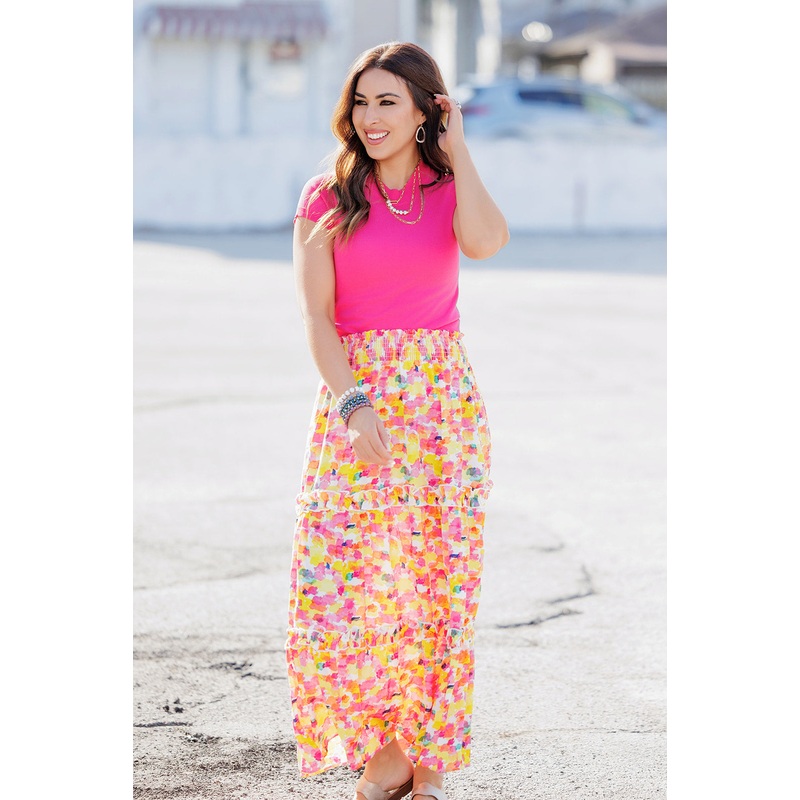Watercolor Ruffled Maxi Skirt Hot Pink S