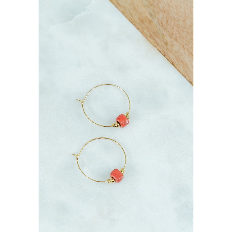 Bel Koz Square Bead Hoop Earring Brushed Gold Pit Fire