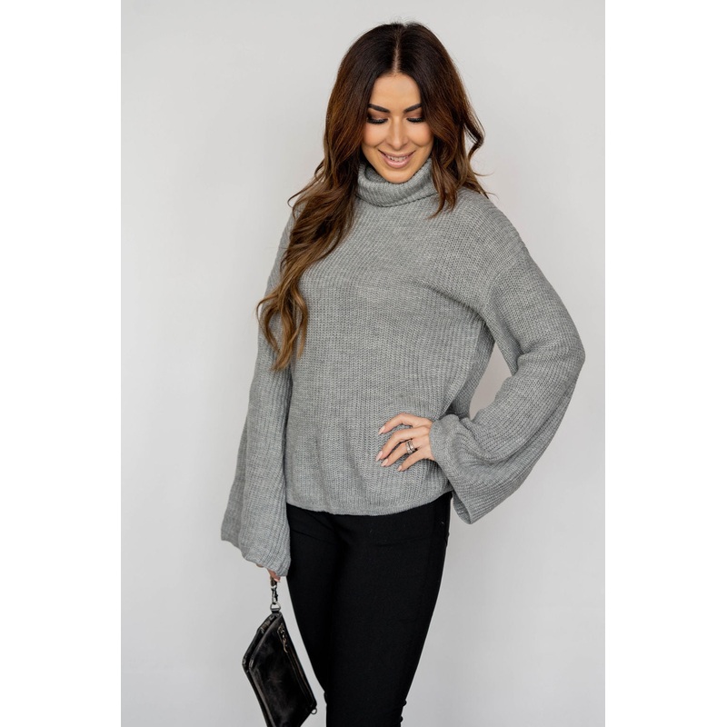 Bell Sleeve Knit Turtle Neck Sweater Grey XS