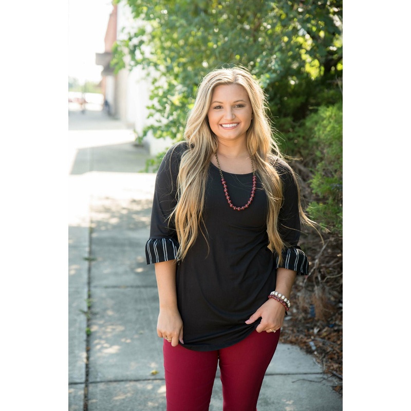 Black Striped Sleeved Flutter Tee S