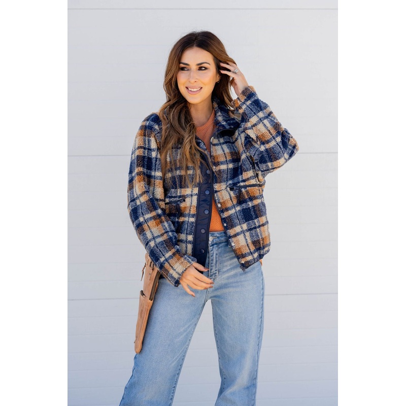 Blessings Plush Plaid Shacket Navy S