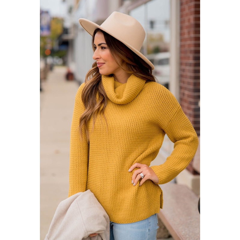 Cowl Neck Knit Sweater S Mustard