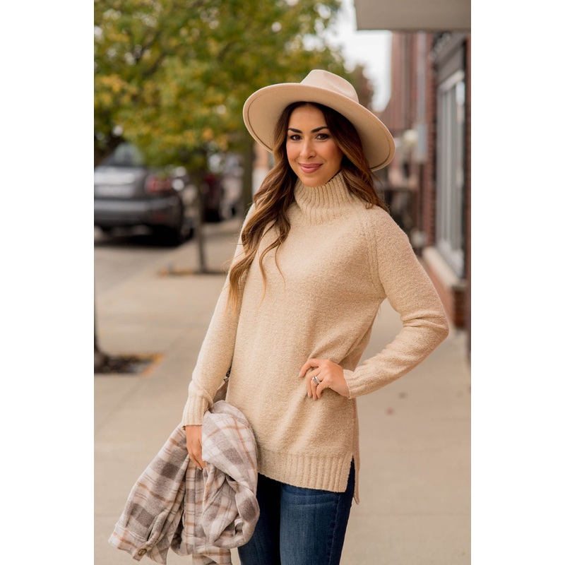 Ribbed Trim Turtleneck Tunic Burgundy S