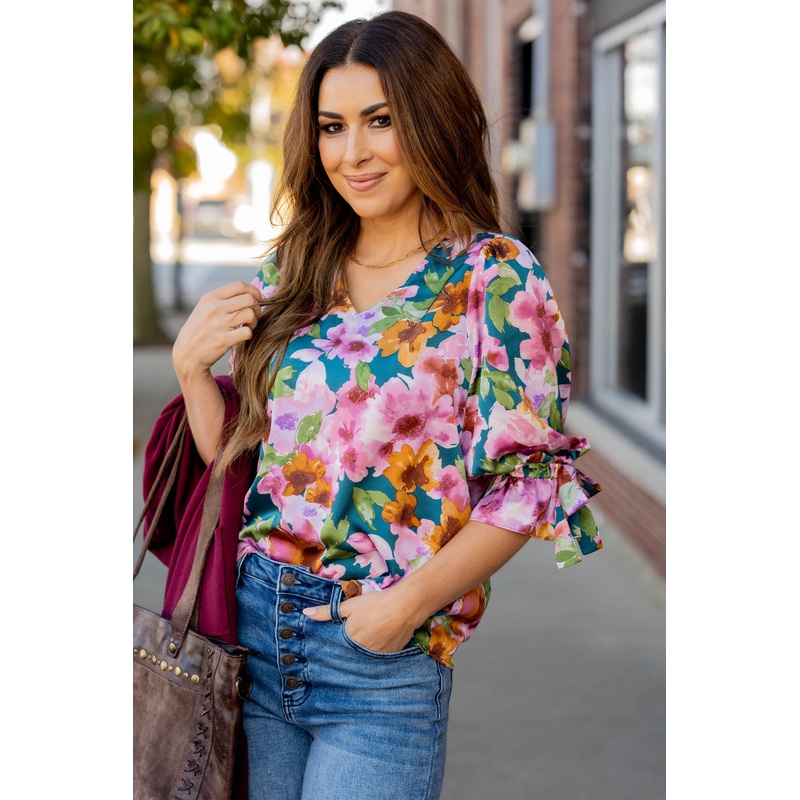 Watercolor Floral Tie Sleeve Blouse Black S