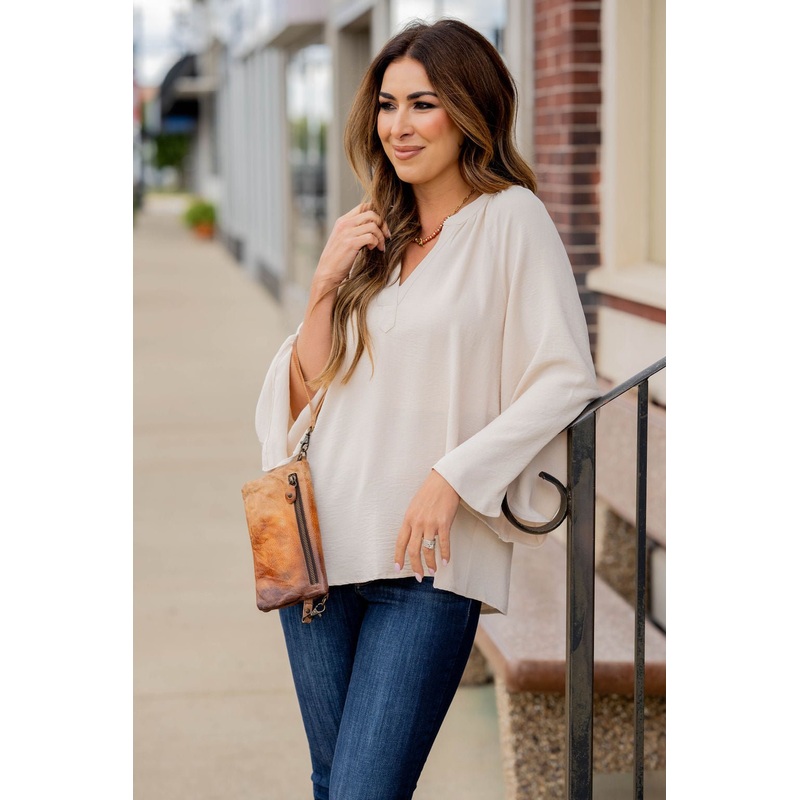Wide Sleeve V-Neck Blouse Cream S