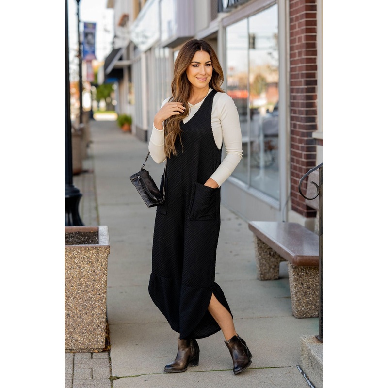 Woven Textured Side Slit Jumpsuit Black S