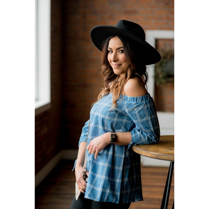 3/4 Sleeve Off Shoulder Grid Blouse S