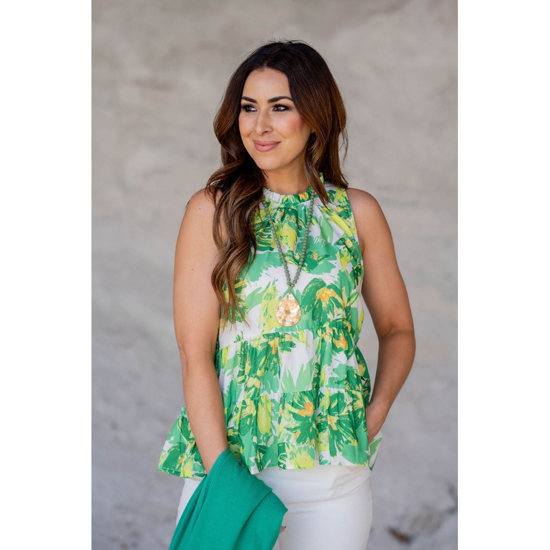 Blooms Cinched Neck Tiered Tank Green S