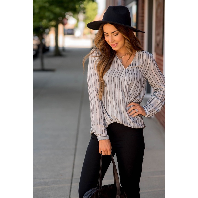 Vertical Stripe V-Neck Wrap Blouse S Grey