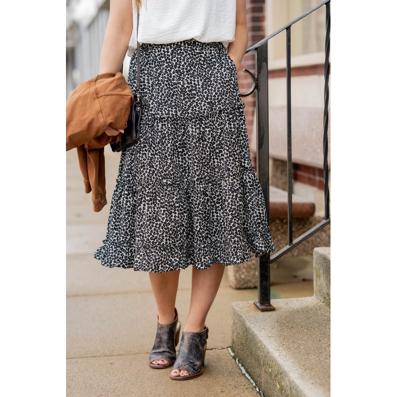 Vintage Blooms Tiered Midi Skirt Black S