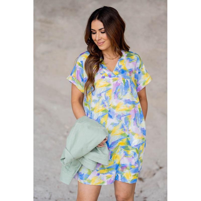 Watercolor Strokes Cuffed Sleeve Dress Blue S