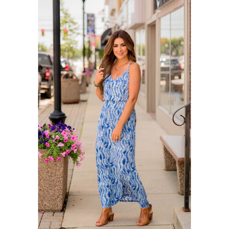 Wavy Thin Strapped Maxi Dress Royal Blue S