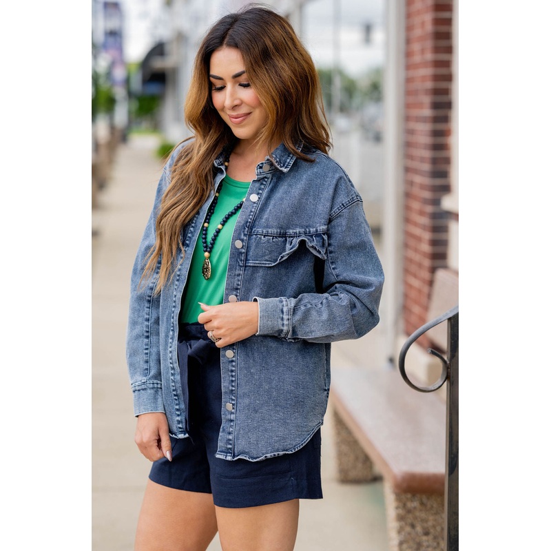 Acid Washed Ruffle Accented Jacket Medium Wash XS