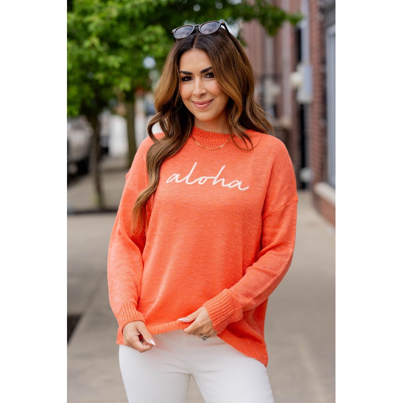 Aloha Stitched Sweater Coral S