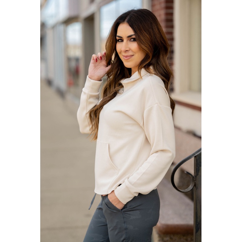 Basic Quarter Zip Pullover Sweatshirt Cream S