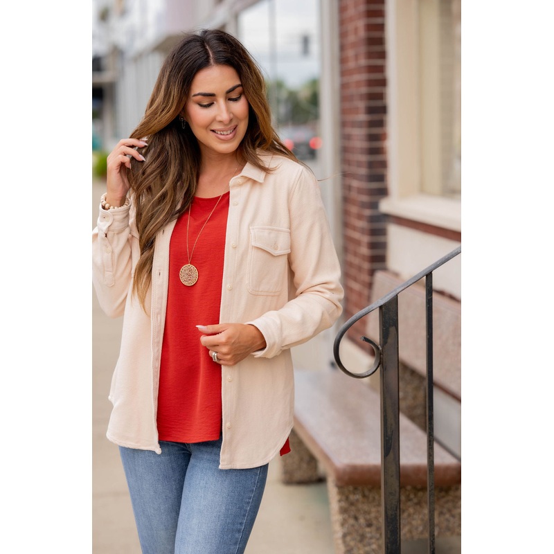 Woven Textured Two Pocket Shacket Blush S