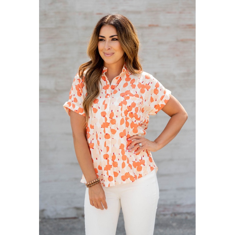 Abstract Button Up Blouse Peach S