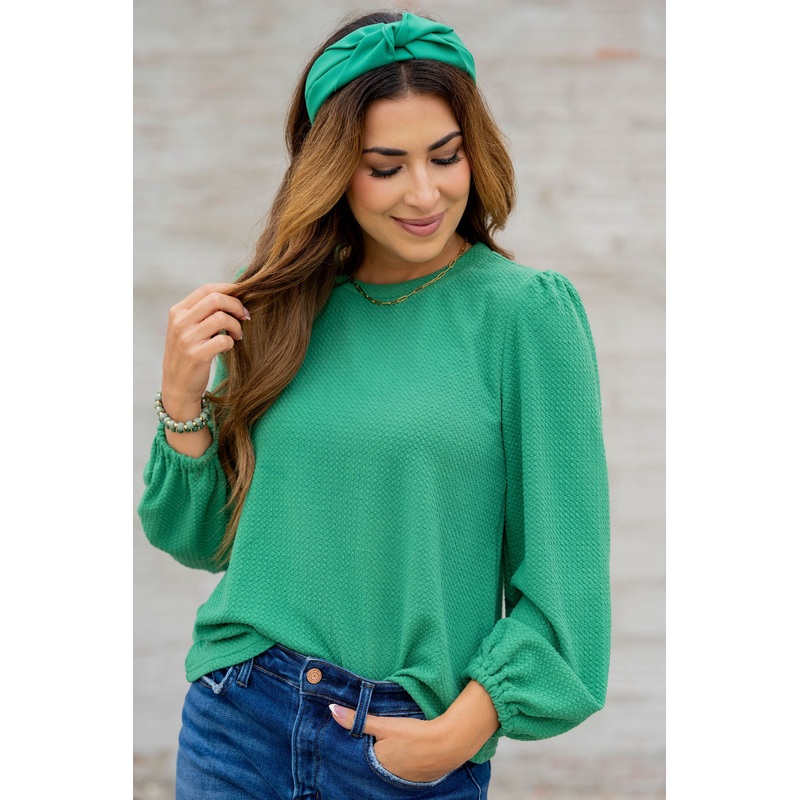 Bold Textured Cinched Sleeve Blouse Kelly Green S