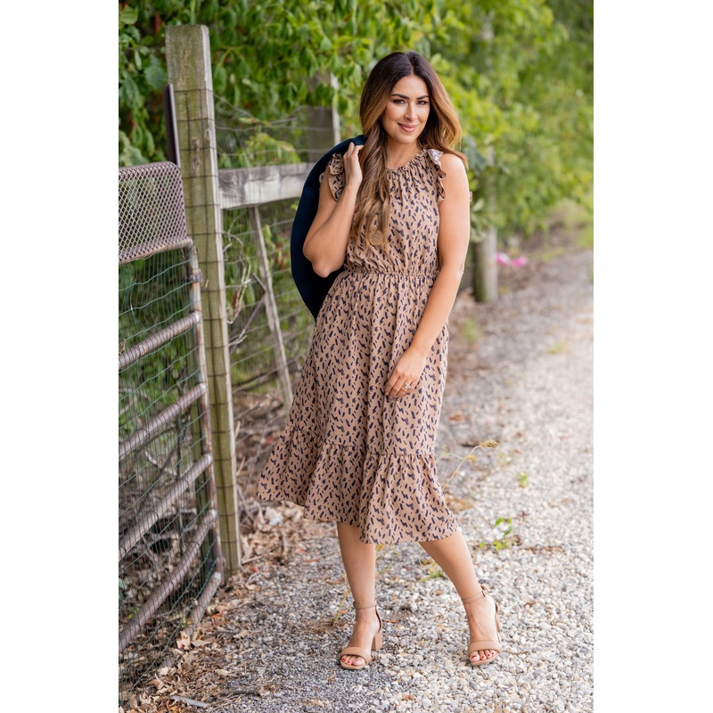 Brush Stroke Cinched Neck Midi Dress Beige S