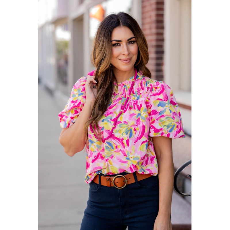 Brush Stroke Smocked Top Blouse Mint S