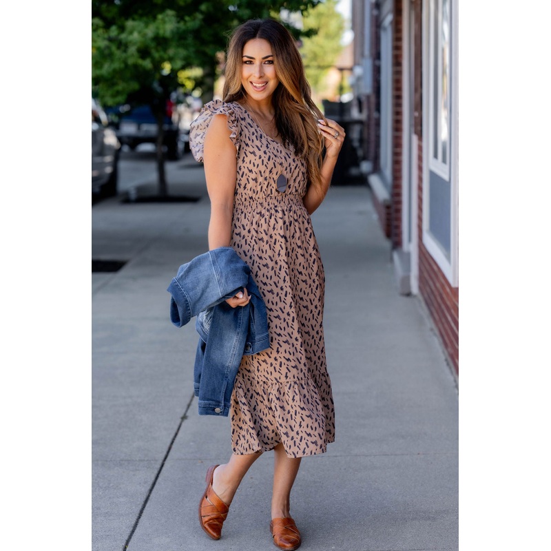 Brush Stroked Ruffle Trim Midi Dress Beige S