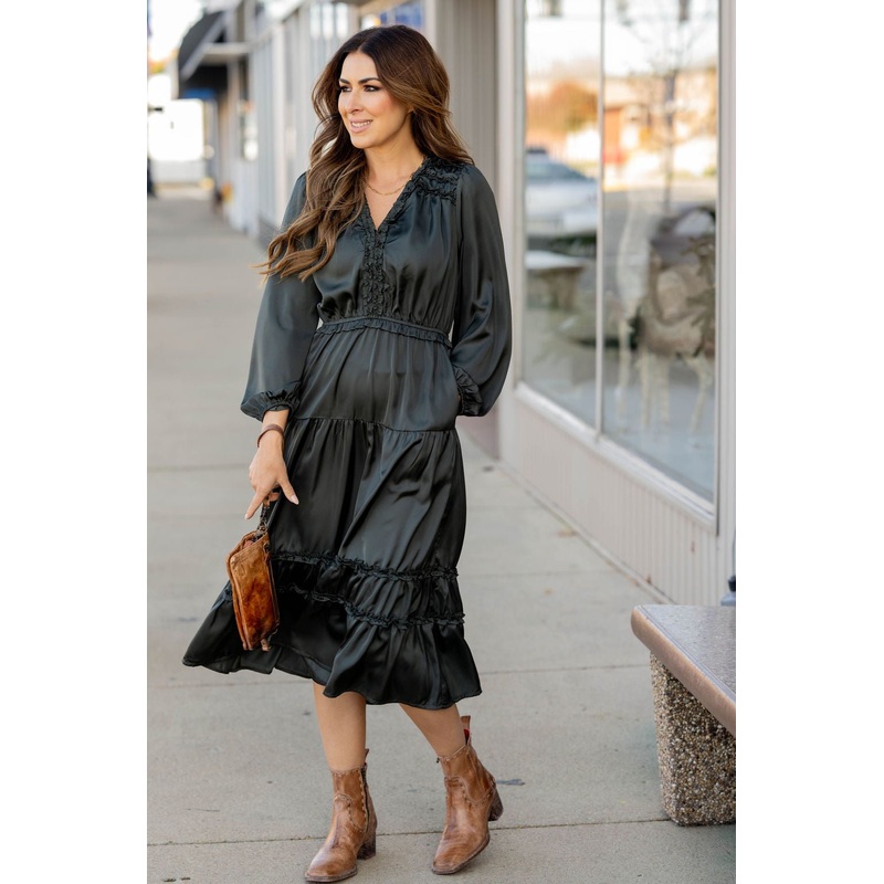 Ruffle Accented Long Sleeve Midi Dress Burgundy S