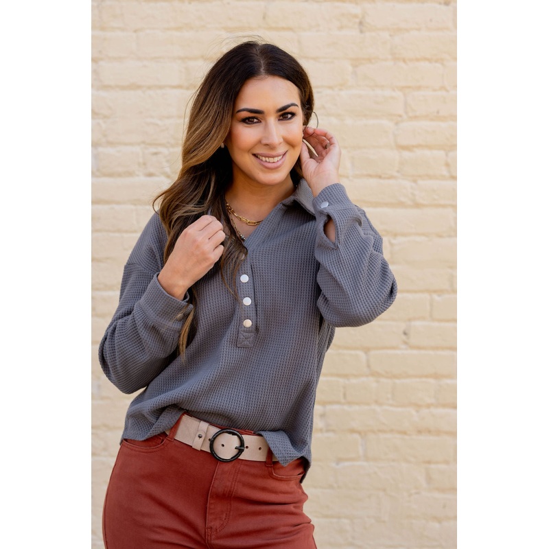Thermal Collar Accented Button Pullover Charcoal S