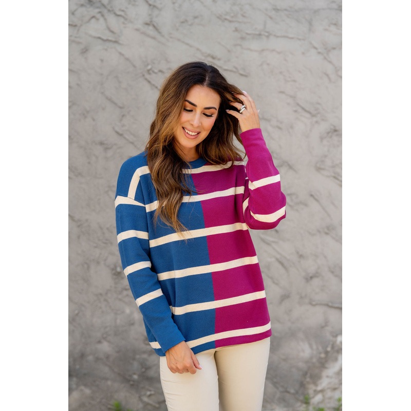 Two Tone Striped Sweater Cream S
