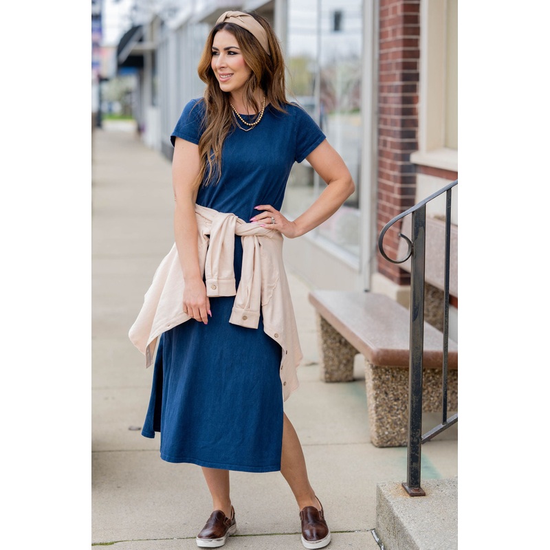 Vintage Side Slit Midi Tee Dress Black S