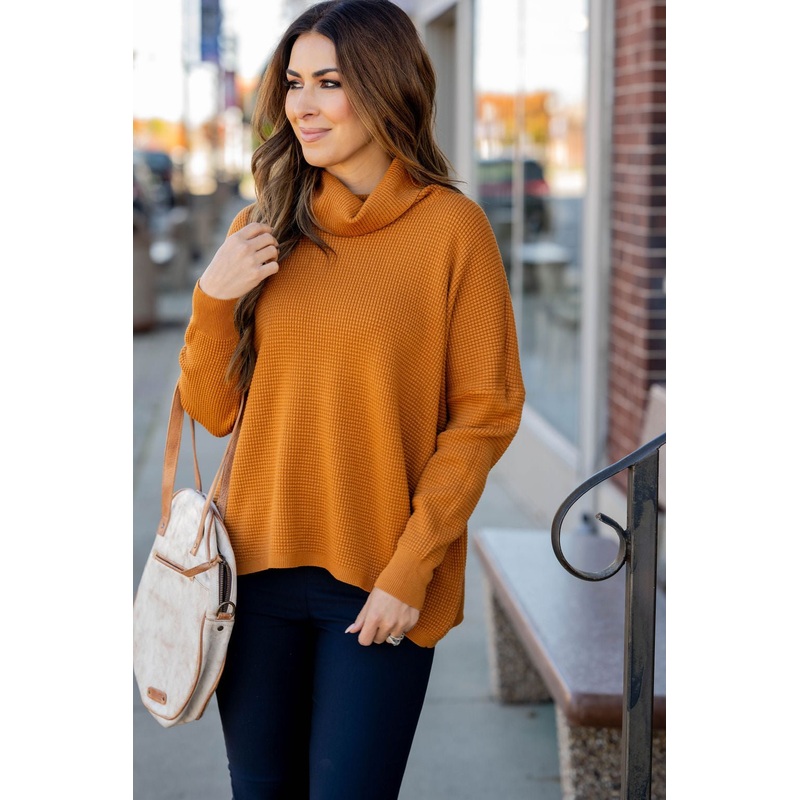 Waffled Turtleneck Sweater Tee Black S