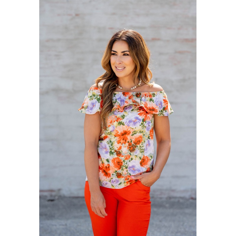 Watercolor Floral Off The Shoulder Blouse Sage S