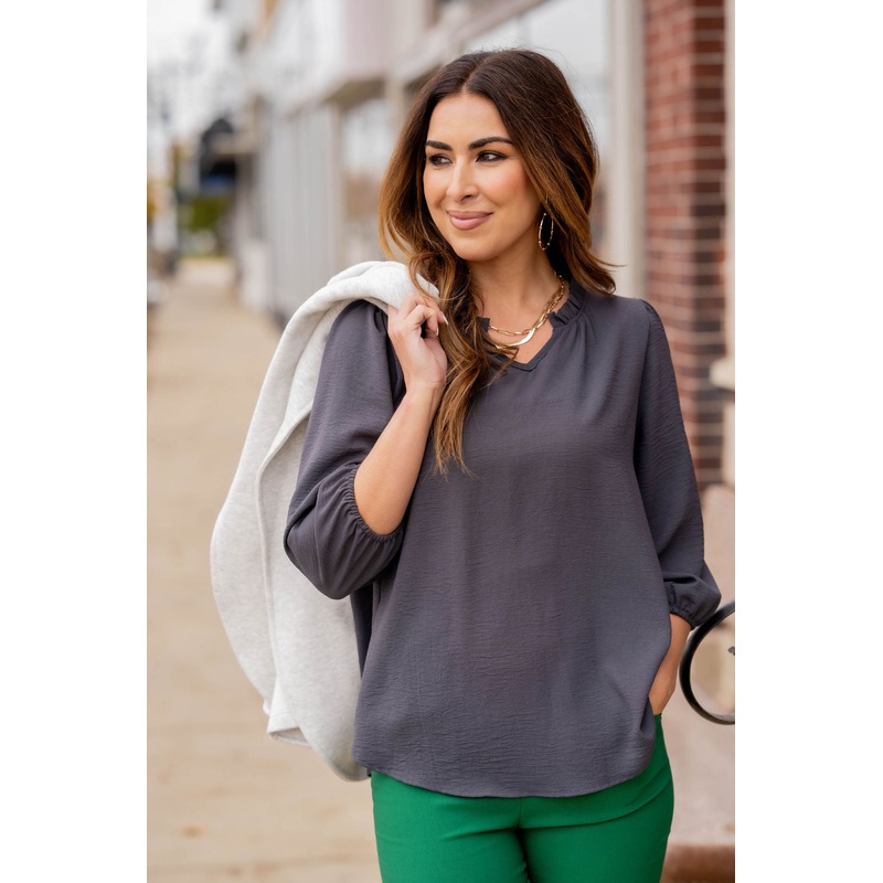 3/4 Sleeve Cinched V-Neck Blouse Charcoal S