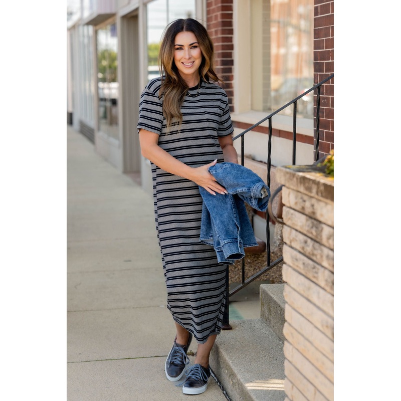Assorted Stripes Side Slit Maxi Dress Black S