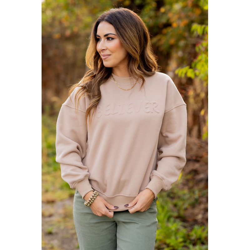 Believer Embossed Crewneck Beige S