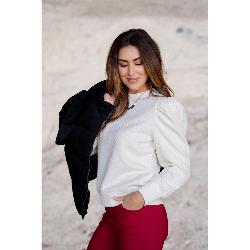 Bold Textured Gathered Shoulder Sweatshirt Cognac S