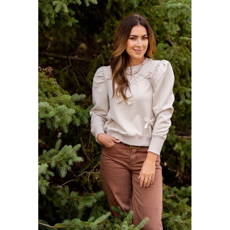 Bow Accented Bold Textured Sweatshirt Oatmeal S