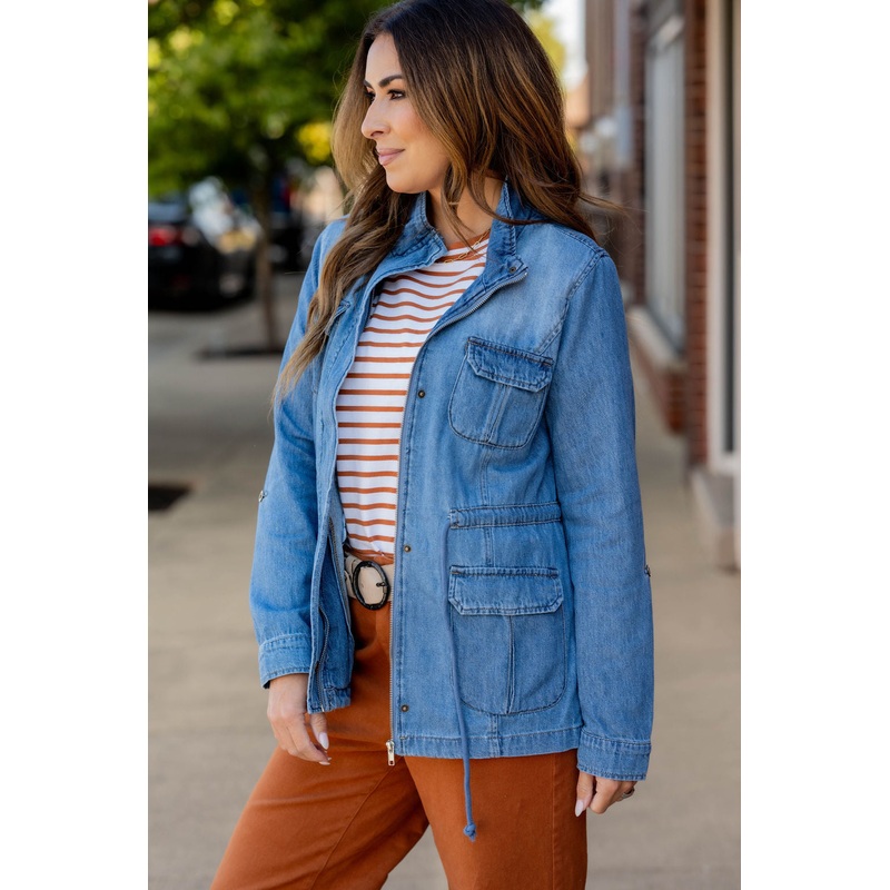 Denim Cinched Waist Utility Jacket Dark Wash S