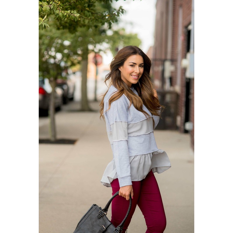 Ruffle Bottom Blouse Accent Hoodie Grey S