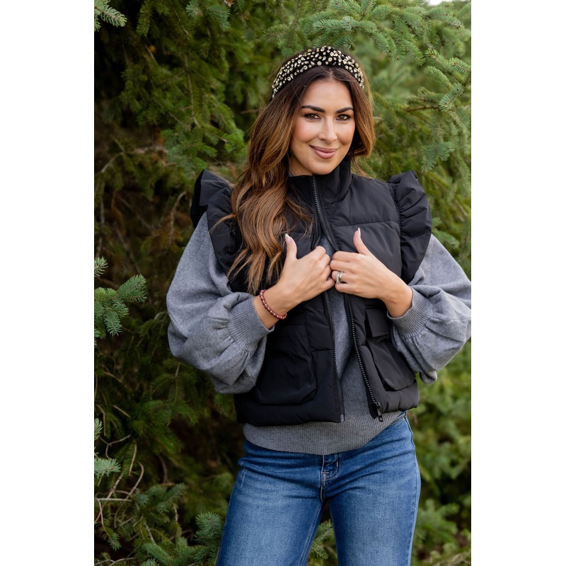 Ruffle Trim Puffer Vest Black S