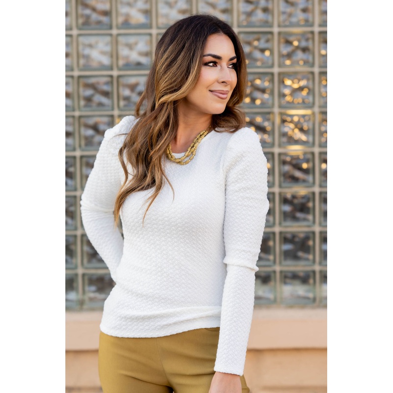 Uniquely Textured Gathered Shoulder Tee Cream S
