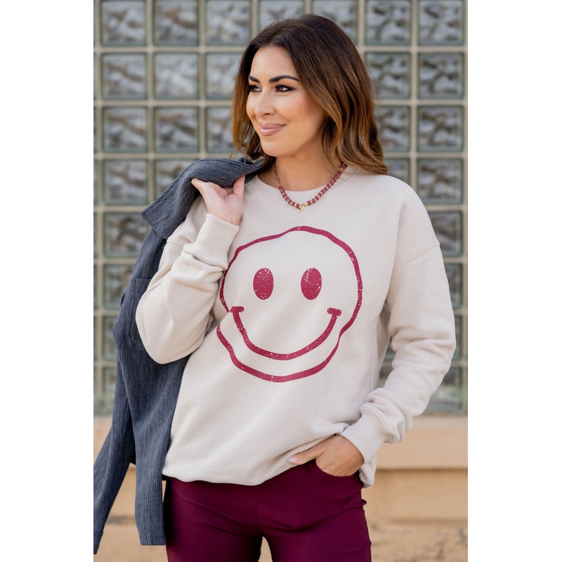Vintage Smiley Face Graphic Crewneck Burgundy S