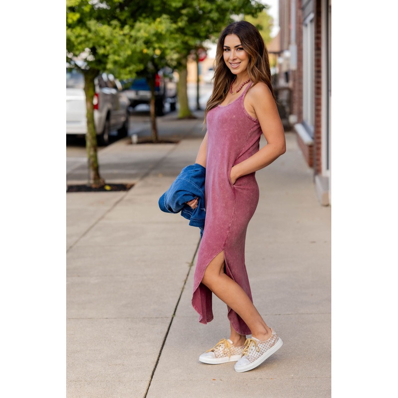 Vintage Washed Ribbed Midi Dress Magenta S